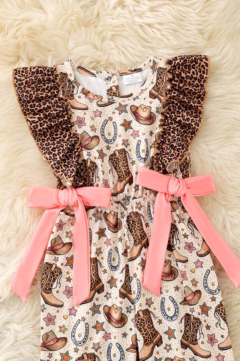 Western boot printed romper with cheetah angel sleeve and hem