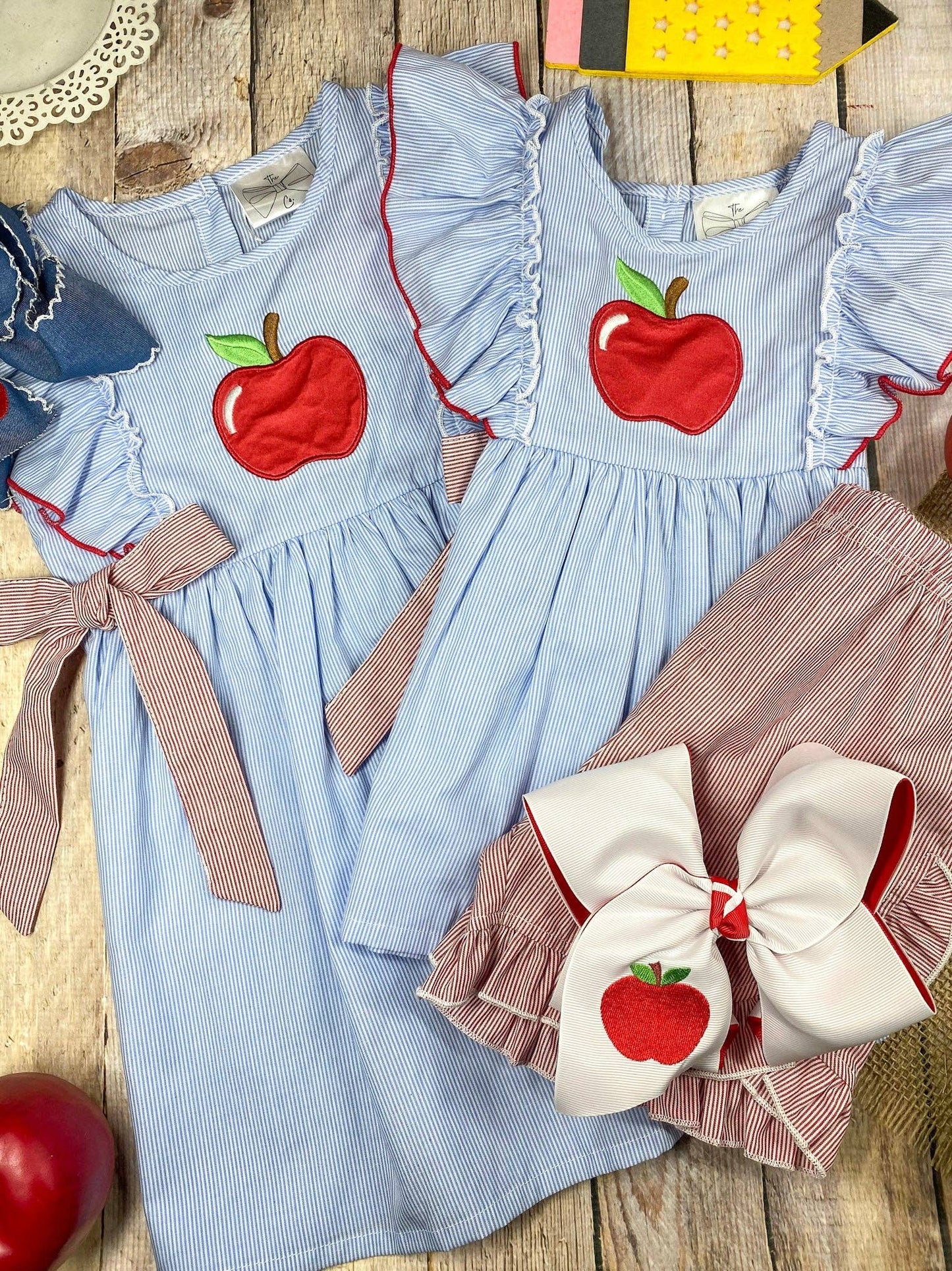 Apple Stripe Tie Applique Dress | Girls Back to School Dress