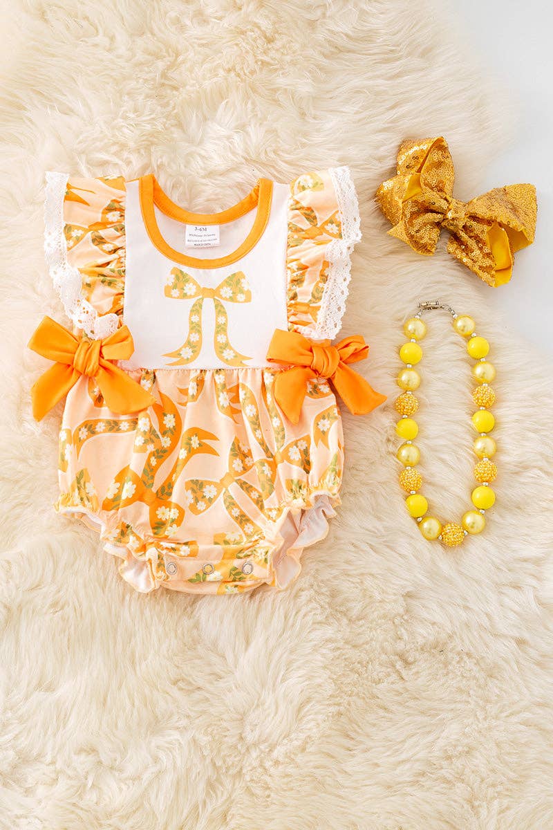 Yellow coquette bow printed girls baby romper