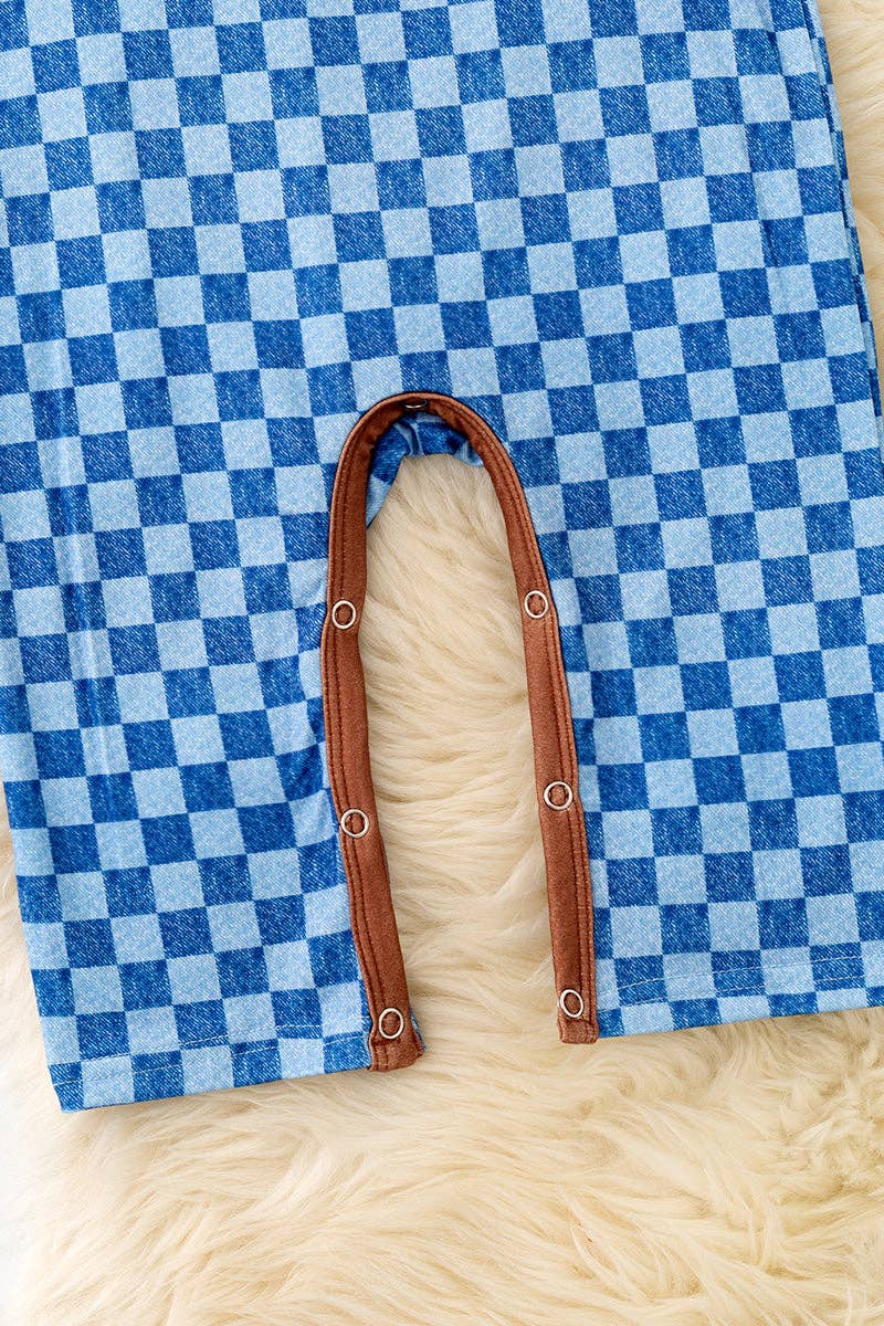 Simulated denim checkered printed baby romper
