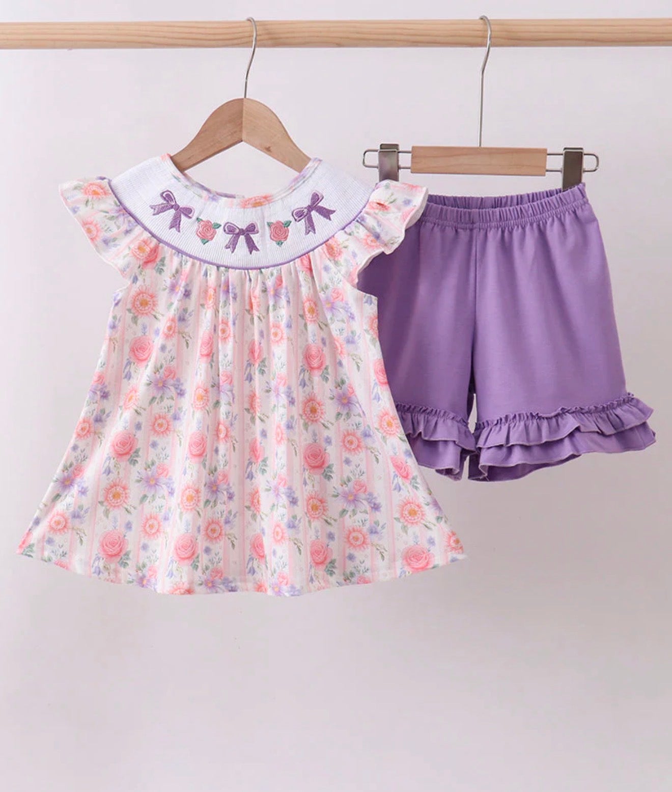 Purple Rose Bow Smocked Ruffle Shorts Set