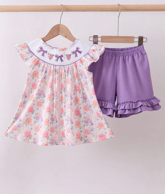 Purple Rose Bow Smocked Ruffle Shorts Set