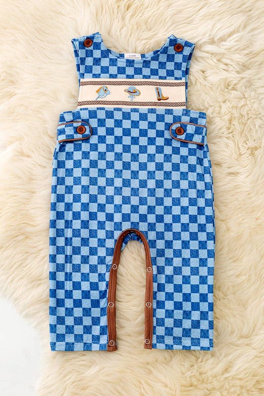 Simulated denim checkered printed baby romper