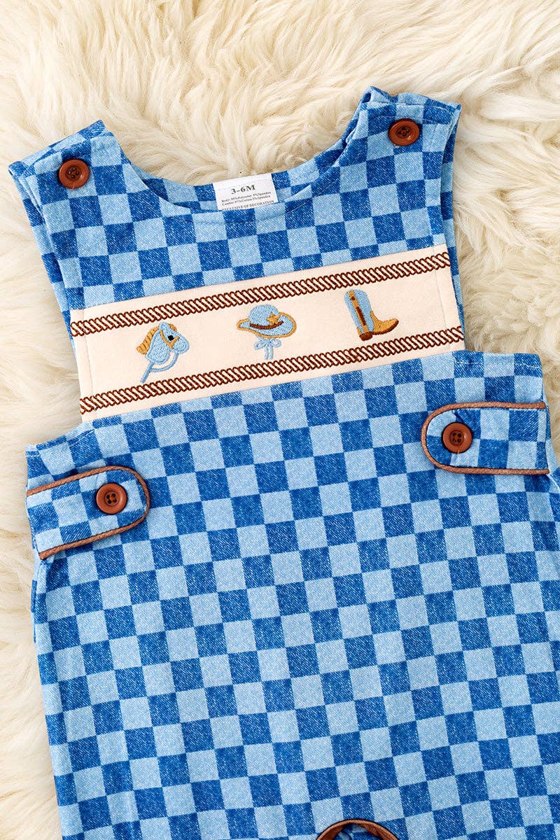 Simulated denim checkered printed baby romper
