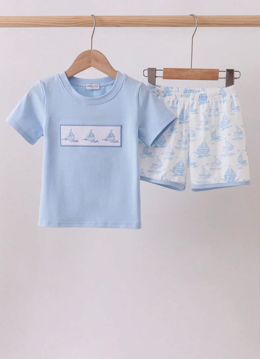 Blue Sailboat Embroidered Boys Set