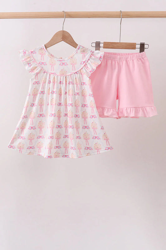 Pink Bow & Castle Ruffle Shorts Set