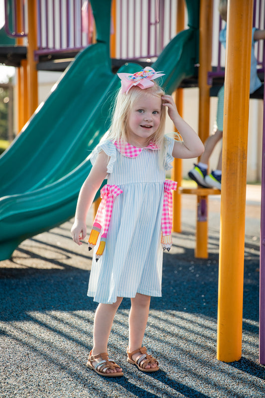 Back To School Girls Striped lapels Bow Dress