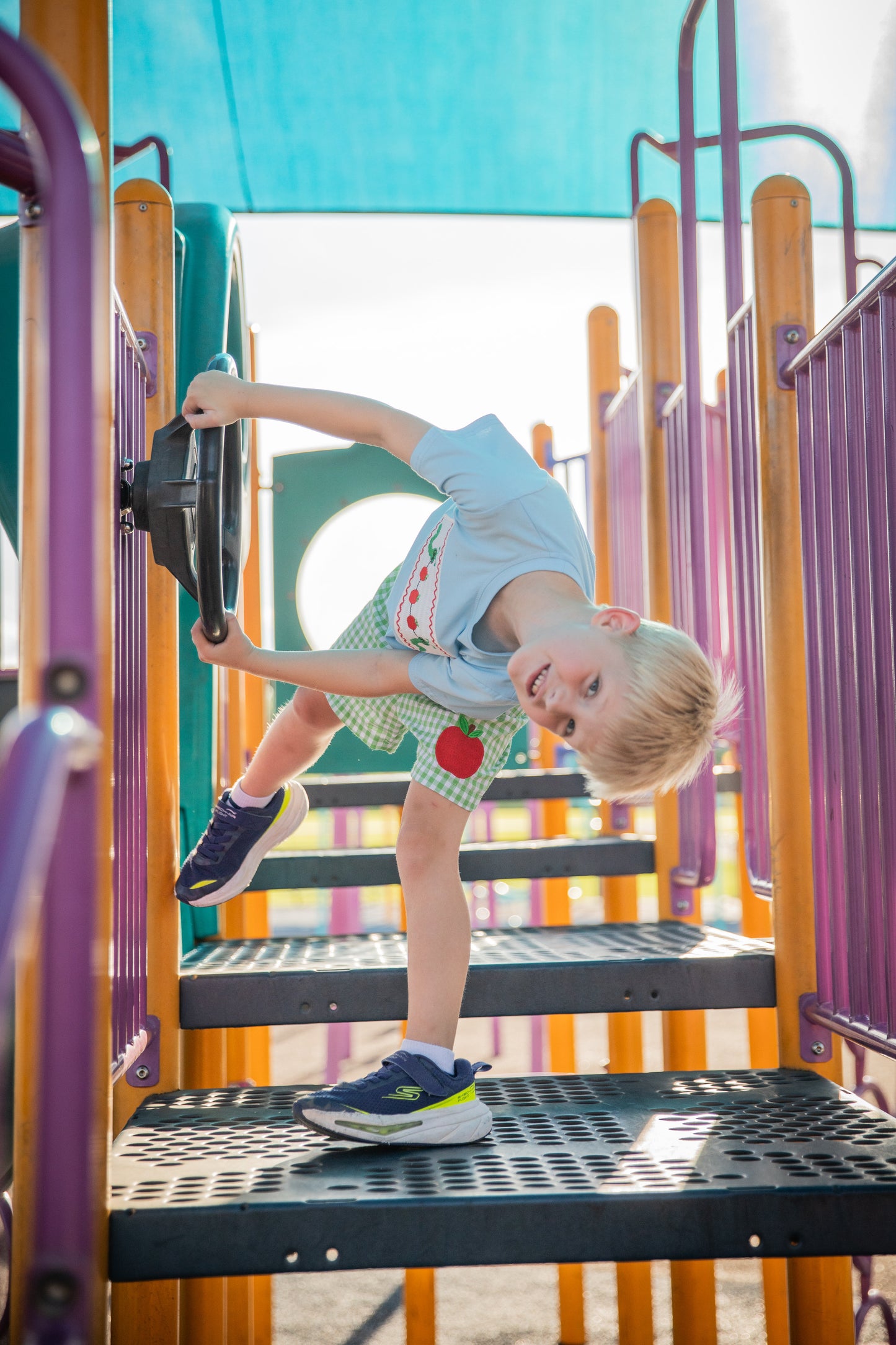 Boys Back to School Smock Embroidered Top+ Plaid Shorts