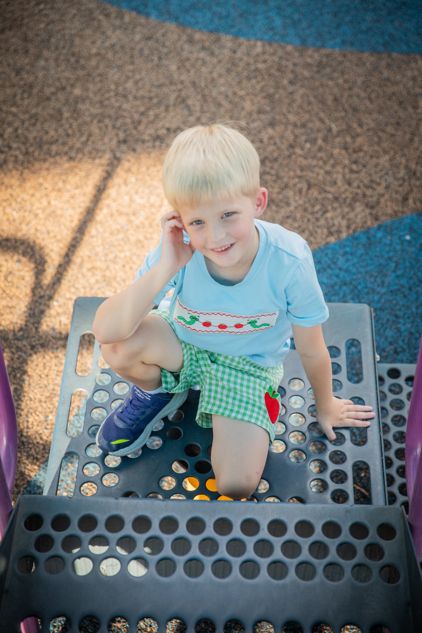 Boys Back to School Smock Embroidered Top+ Plaid Shorts