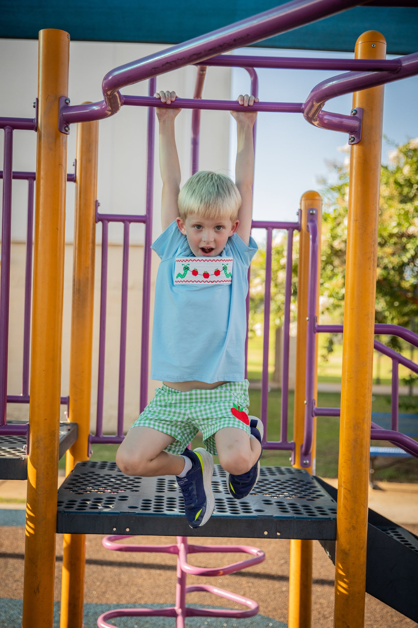 Boys Back to School Smock Embroidered Top+ Plaid Shorts