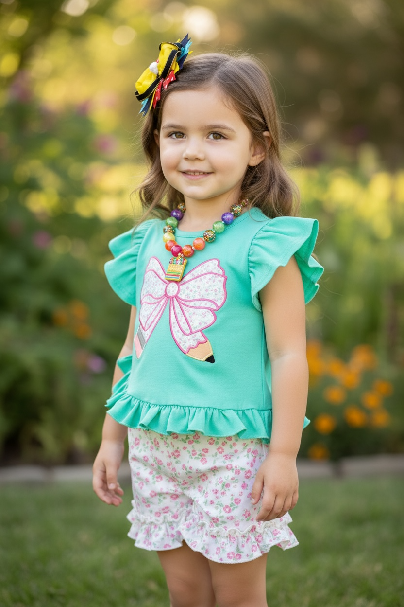 Pencil applique on mint top and floral shorts