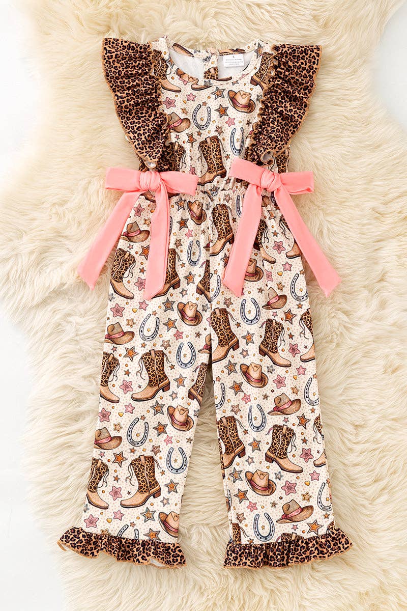 Western boot printed romper with cheetah angel sleeve and hem