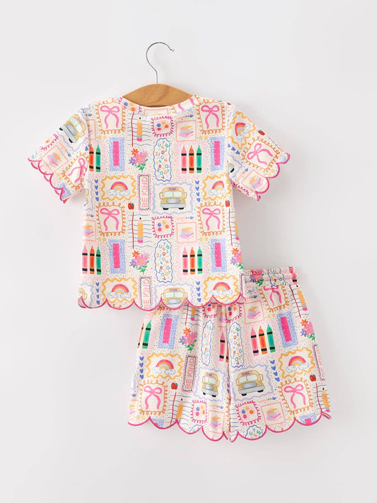 Back to School Print Girl Short Set Scallop Hem