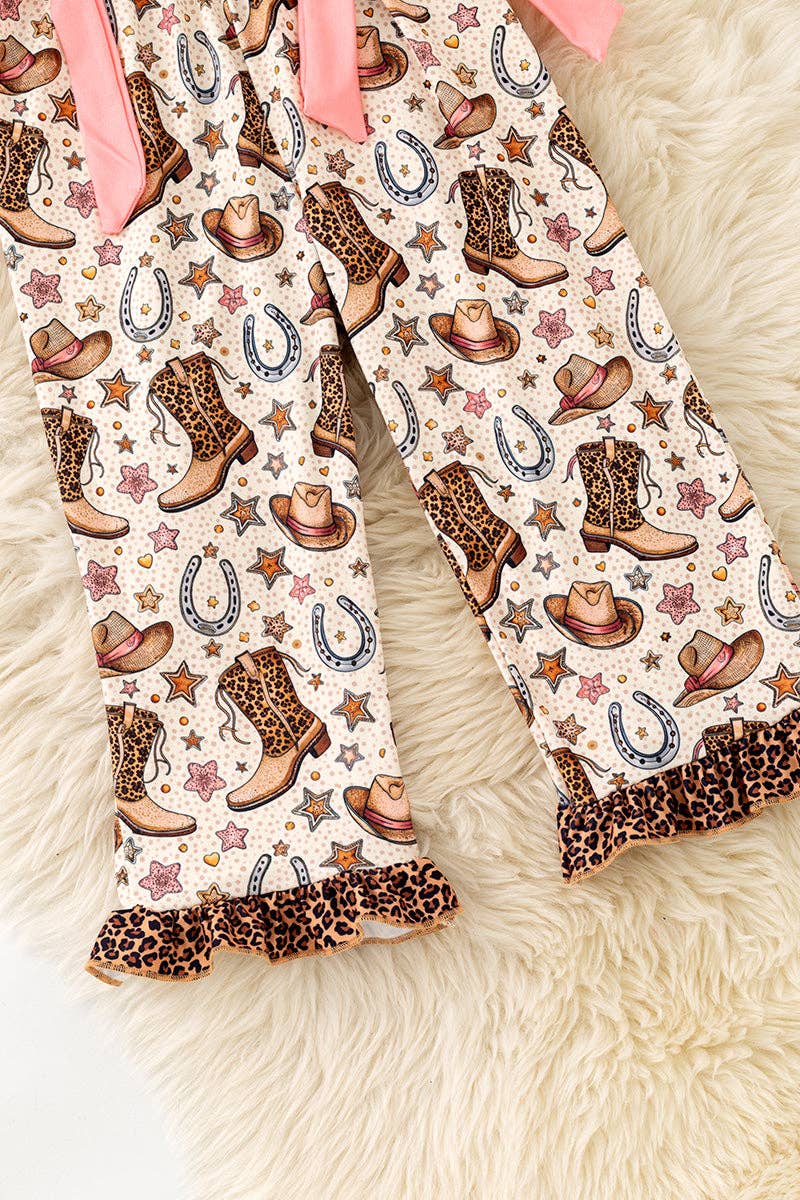 Western boot printed romper with cheetah angel sleeve and hem