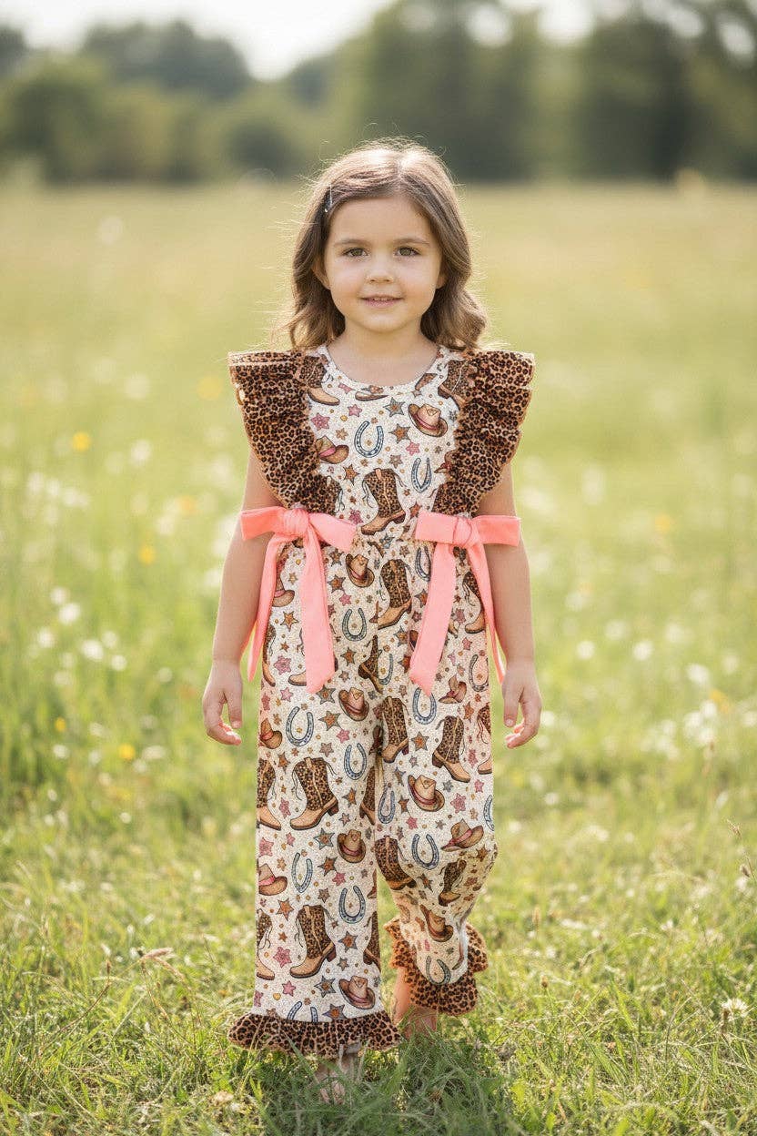Western boot printed romper with cheetah angel sleeve and hem
