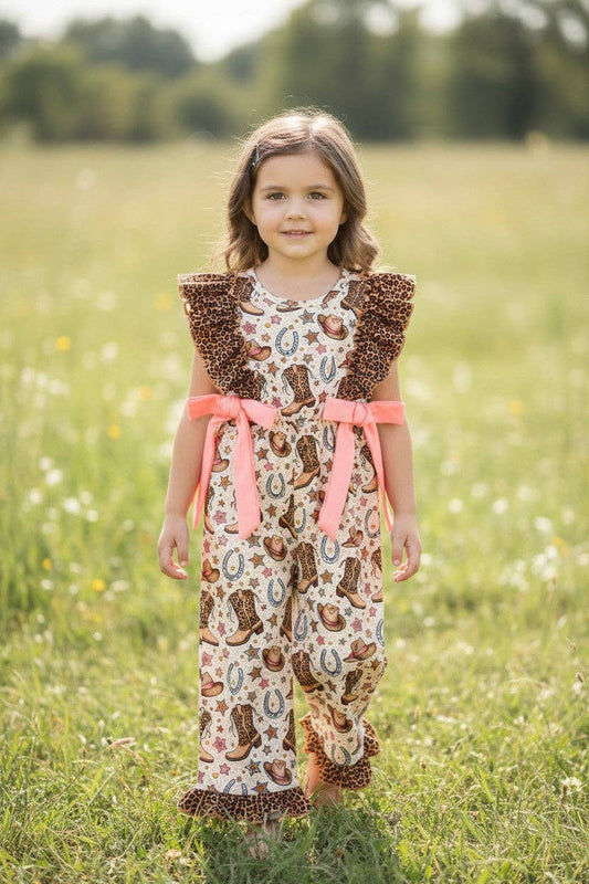 Western boot printed romper with cheetah angel sleeve and hem
