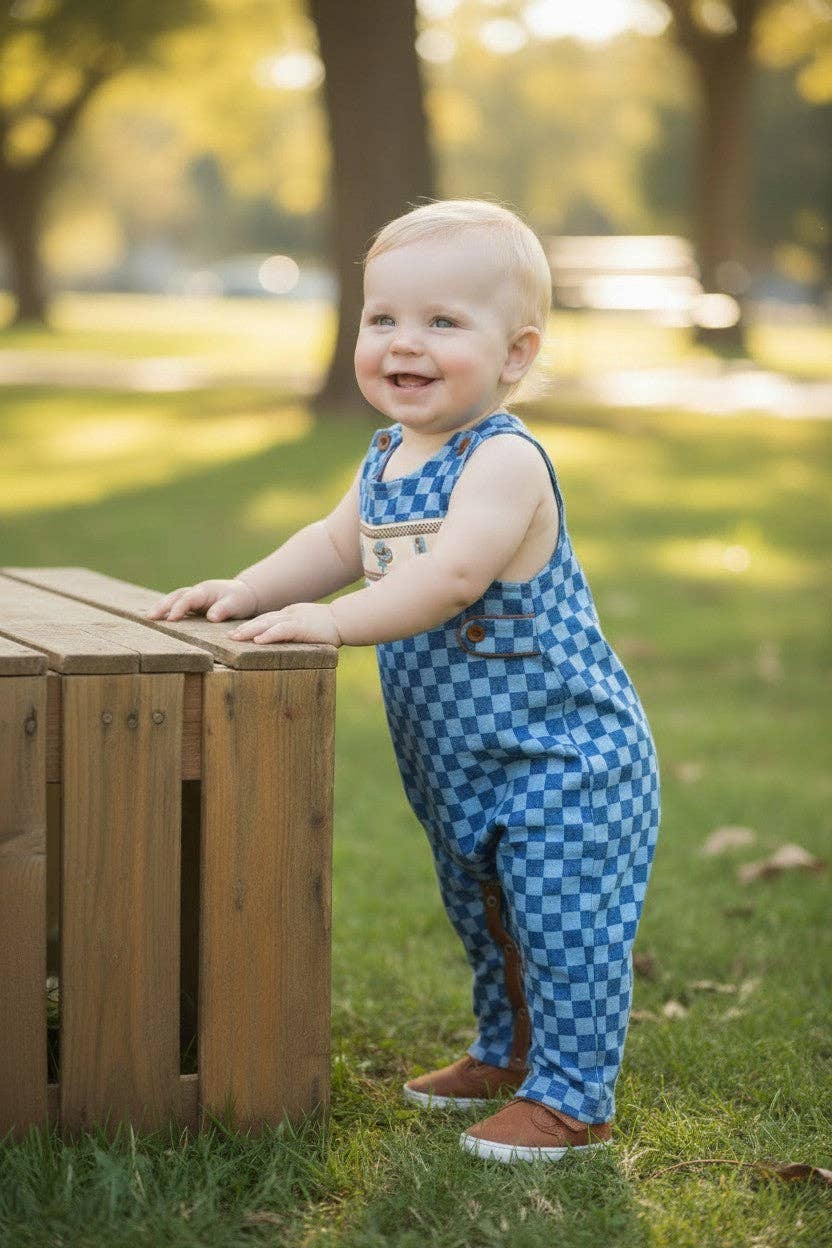 Simulated denim checkered printed baby romper